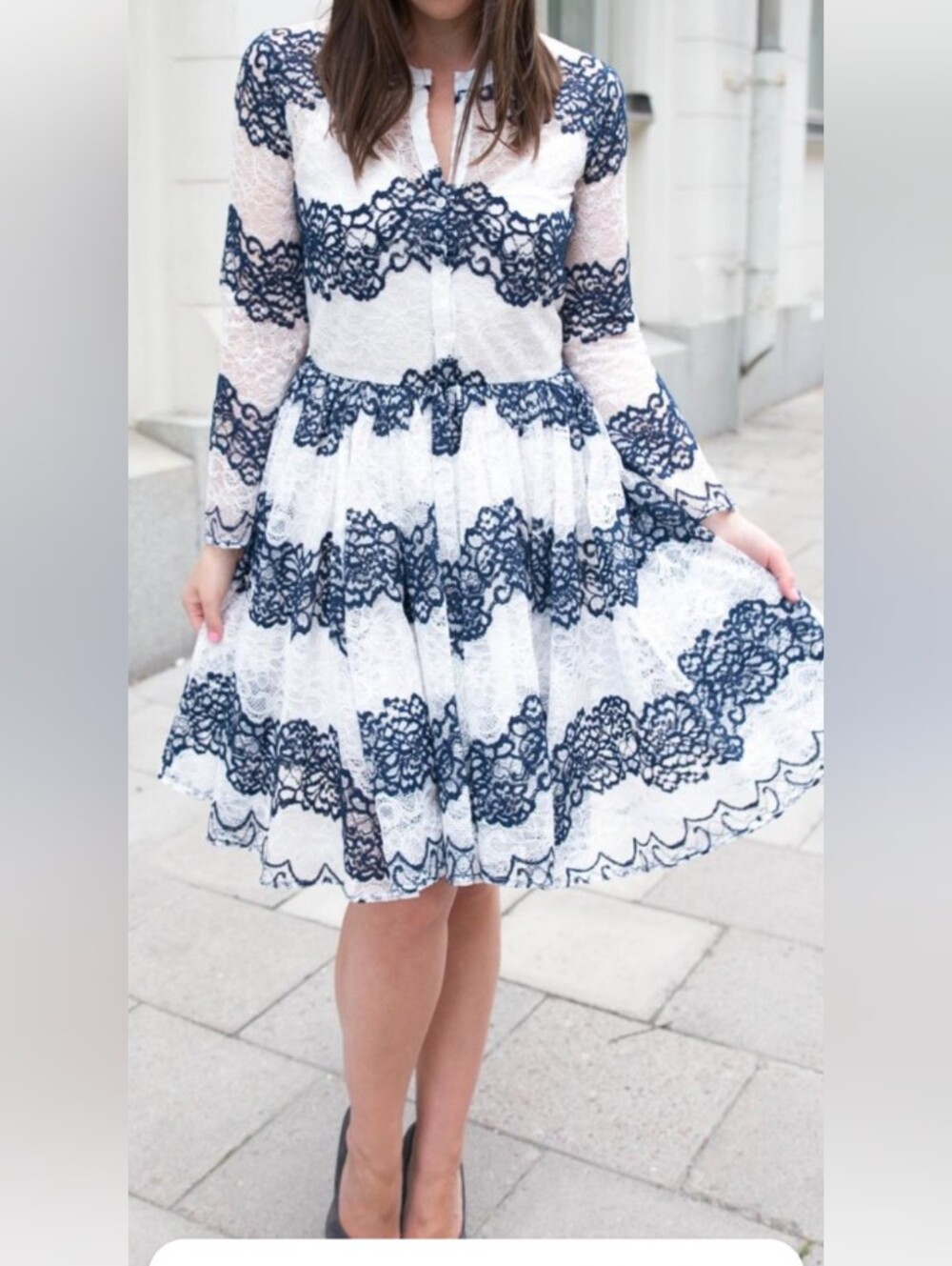 Maje White Lace Mini Dress with Navy Lace Stripes